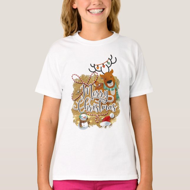 Imagem de Natal feliz Meninas moças camisa básica (Frente)