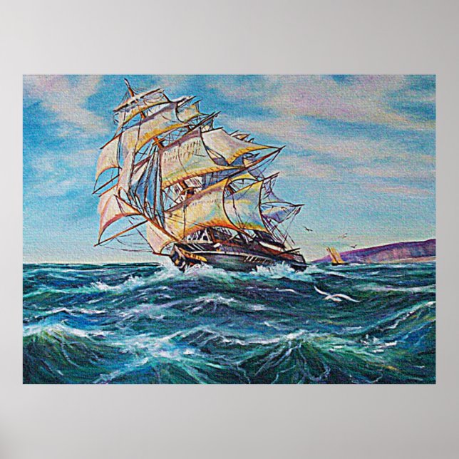 Imagem de pôster de pintura a óleo de veleiro em á (Frente)