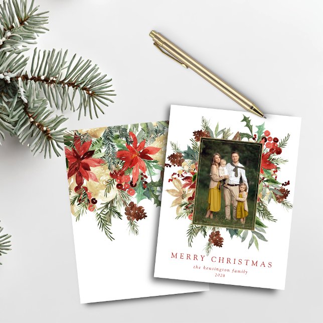 Imagem Dourada de Natal do Pine de Aquarela Orçame (Budget Watercolor Pine Gold Christmas Photo Card)