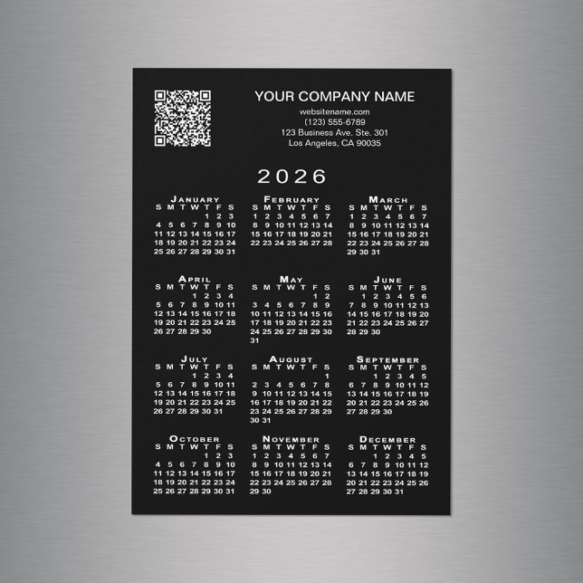 Imagem Preta do Calendário 2026 do Código QR de Em (Custom Business QR Code 2026 Calendar Black Magnet in situ)