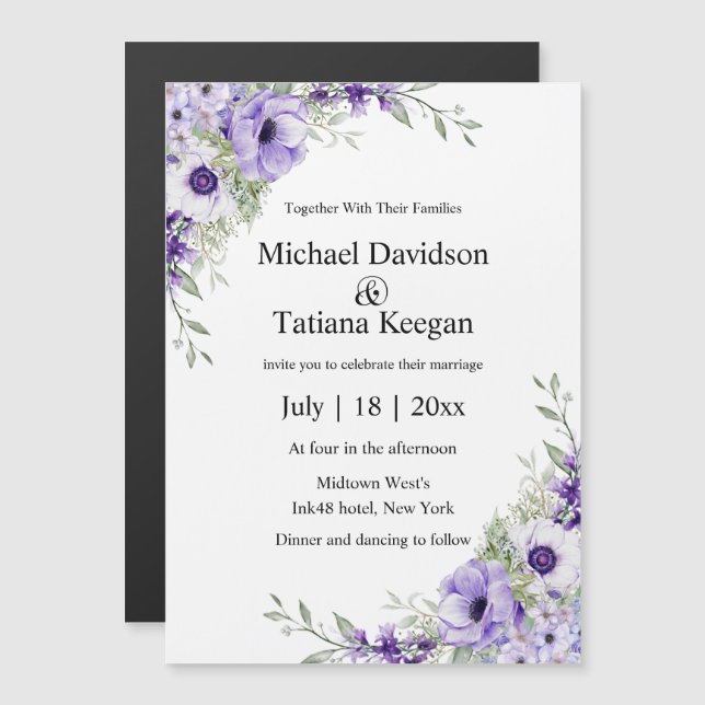 íman de convite de casamento floral roxo aquarela (Frente/Verso)