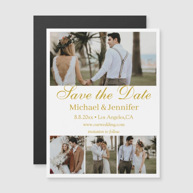 íman de data de casamento colagem 4 fotos em letra (Frente/Verso)