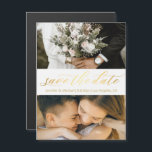 íman de gravação a ouro 2 fotos salvar a data<br><div class="desc">salvar a data, íman de colagem de 2 fotos de casamento de caligrafia chic a ouro</div>