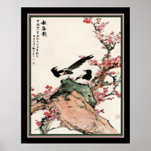 Impressão 16x20 do chinês dos Magpies & das flor