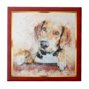 Impressão Abstrata de Cachorro em Moldura Vermelha