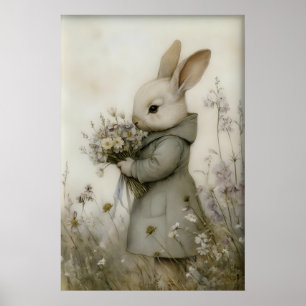 Impressão Antiga de Coelhinho e Flores, Coelho da