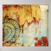 Impressão antiquário com Compass e Poppies