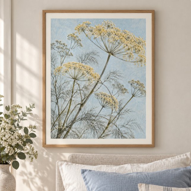 Impressão artística de Funcho na Brisa (Styled display of Fennel in the Breeze Art Print. Frame, mat and furnishings shown for illustration; select framing options separately.)