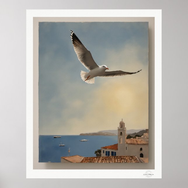 Impressão artística de gaivota sobre telhados, céu (Frente)
