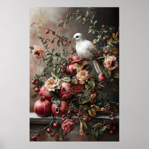 Impressão artística de pombo e romã, Dark Cottagec