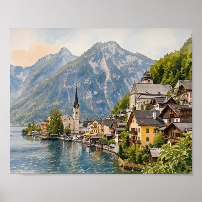 Impressão artística em aquarela de Hallstatt Áustr (Frente)