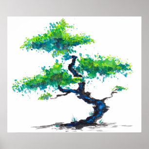 Impressão azul do poster das Aquarelas dos bonsai