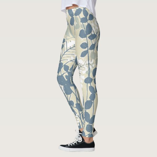Impressão azul floral das flores da arte asiática legging