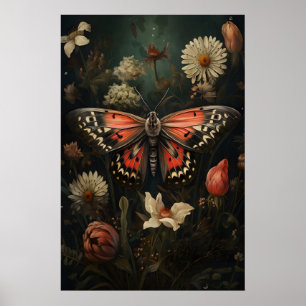 Impressão Botânica de Borboleta Rosa, Floral Vinta
