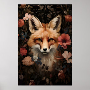 Impressão Botânica de Raposa, Arte Floral Dark Aca