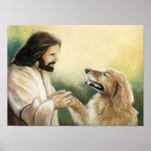 Impressão da arte de Jesus e de cão do golden