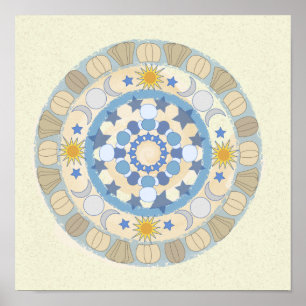Impressão da Sun Moon Stars Yellow e Blue Mandala