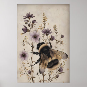 Impressão de Abelha Floral, Arte de Parede Dark Ac