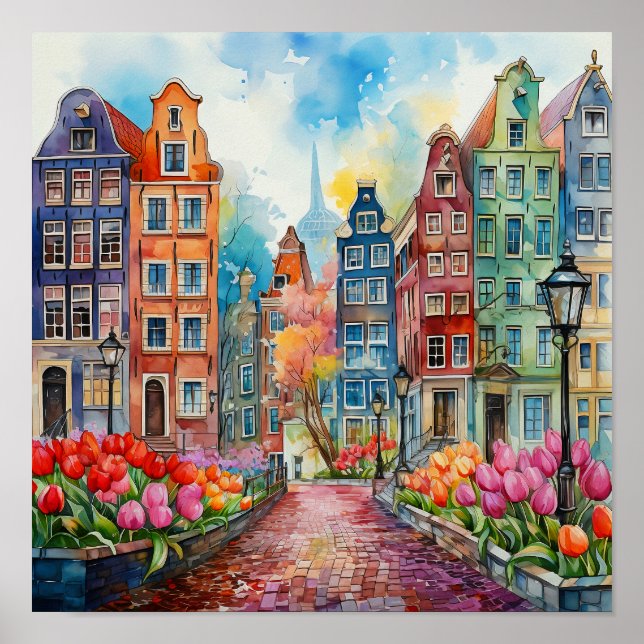 Impressão de Aquarela de Amsterdã Holanda (Frente)