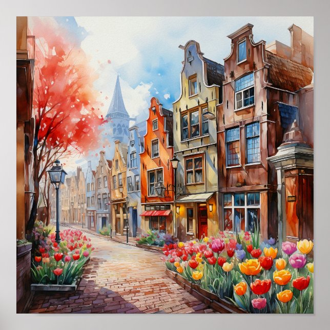 Impressão de Aquarela de Amsterdã Holanda (Frente)