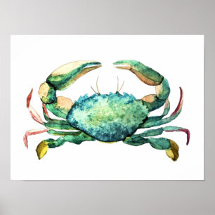 Impressão de Aquarela de Caranguejo Azul Pequeno