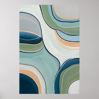 Impressão de Arte Abstrata com Curvas Verdes e Azu