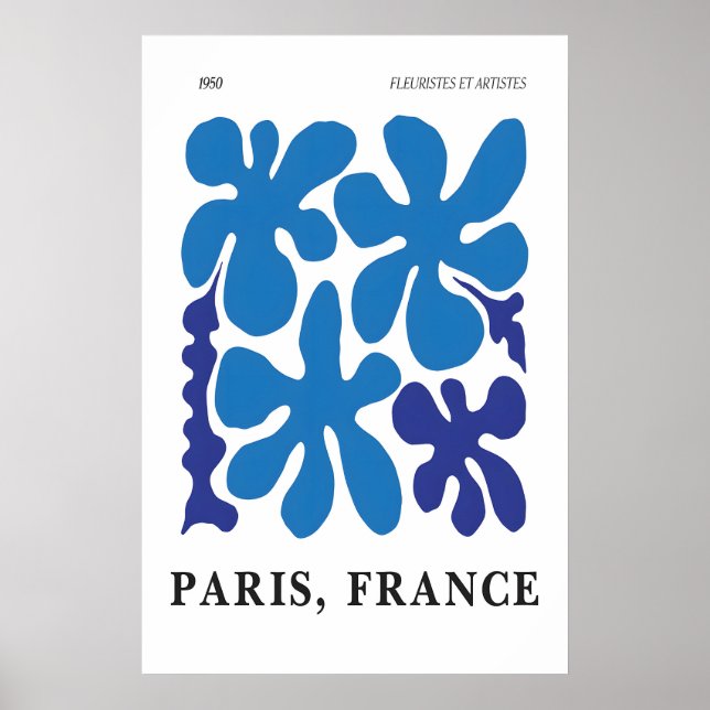 Impressão de Arte Abstrata Floral Azul Paris 1950 (Frente)