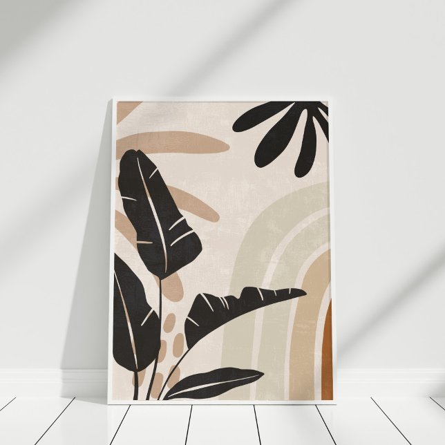 Impressão de Arte Botânica Abstrata em Tons Terros (Boho Abstract Earth Tone Leaves and Rainbow Poster in a white frame.)
