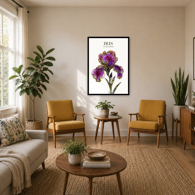 Impressão de Arte Botânica de Íris Barbada (Imagine this botanical print bringing warmth to your favorite room.)