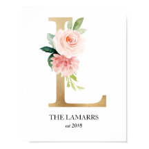 Impressão de arte com monograma, letra L, casament