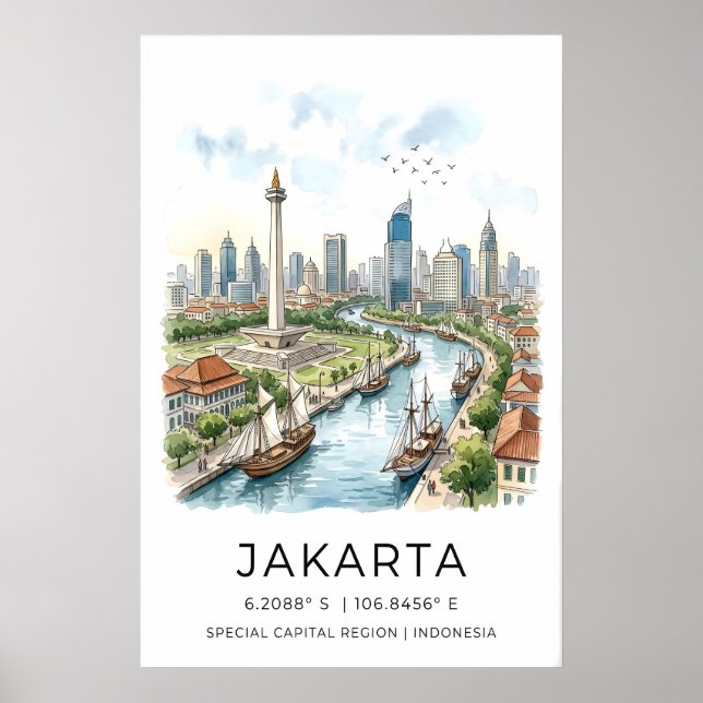 Impressão de Arte da Cidade de Jacarta Multicolori (Frente)