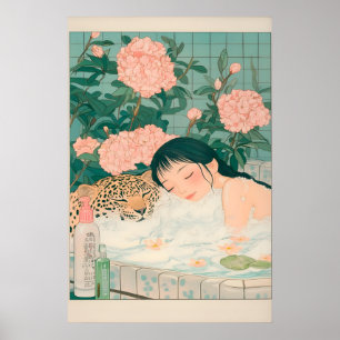 Impressão de Arte de Banho de Leopardo Ukiyo-e Jap