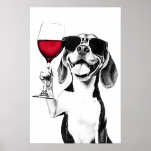 Impressão de Arte de Cachorro Beagle Bebendo Vinho