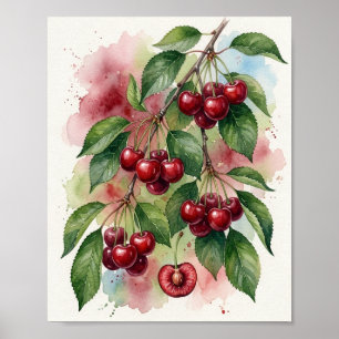 Impressão de Arte de Cerejas em Aquarela Vibrante