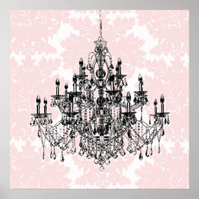 Impressão de Arte de Chandelier Wall Damask Rosa (Frente)