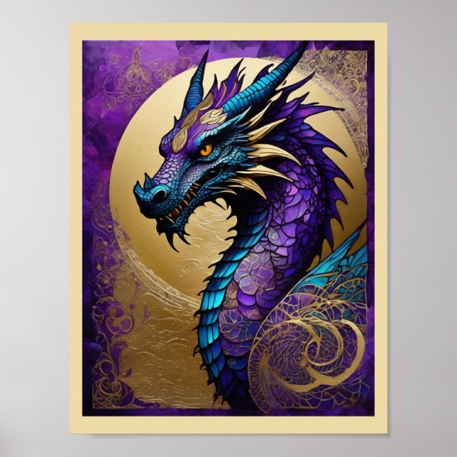Impressão de arte de dragão roxo pronta para moldu (Frente)