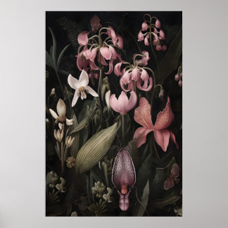 Impressão de Arte de Flores Rosa Tropical, Dark Ac