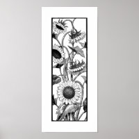 Impressão de Arte de Girassol Vertical Preto e Bra