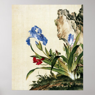 Impressão de Arte de Íris Azul Vintage e Rocha do 