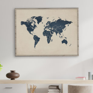Impressão de Arte de Mapa Mundial em Azul Naval e