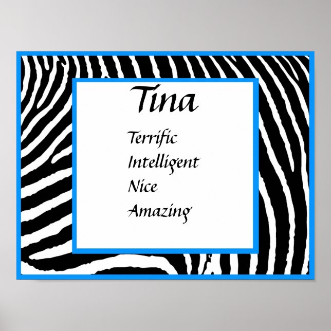 Impressão de Arte de Nome de Zebra Azul na Parede (Frente)