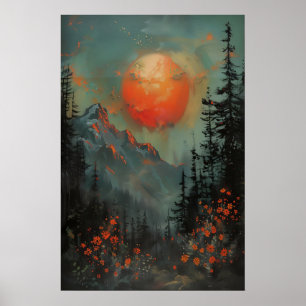 Impressão de Arte de Paisagem Montanhosa ao Pôr do