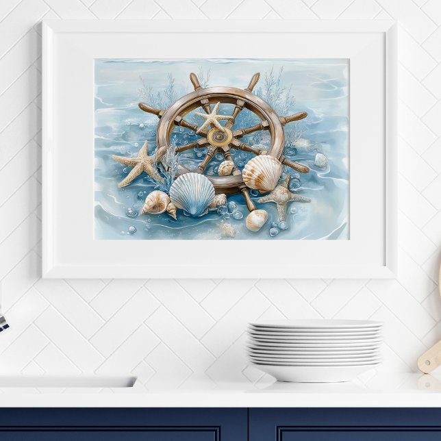 Impressão de Arte de Parede de Leme Náutico Costei (Nautical Helm Coastal Wall Art Print | Wall Poster by TinkPrints.)