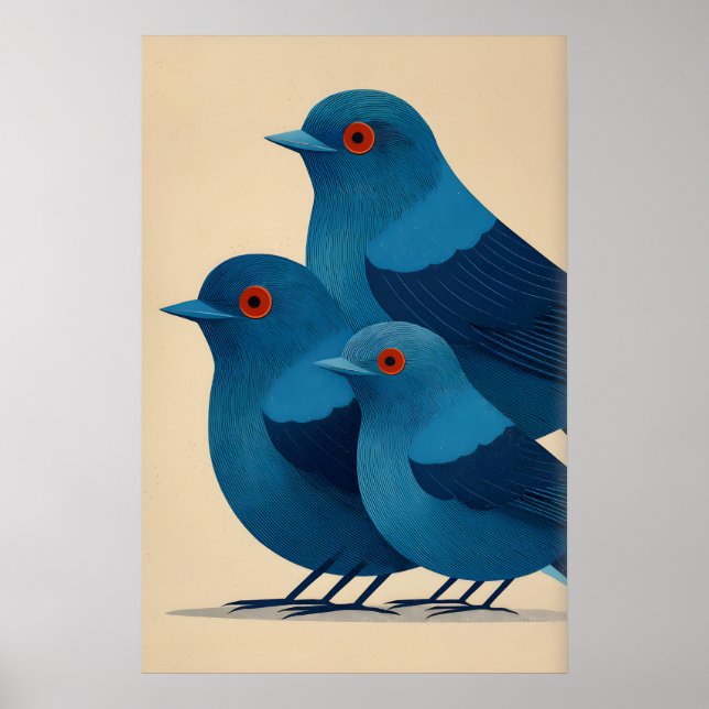 Impressão de Arte de Parede de Pássaro Azul - Trio (Frente)