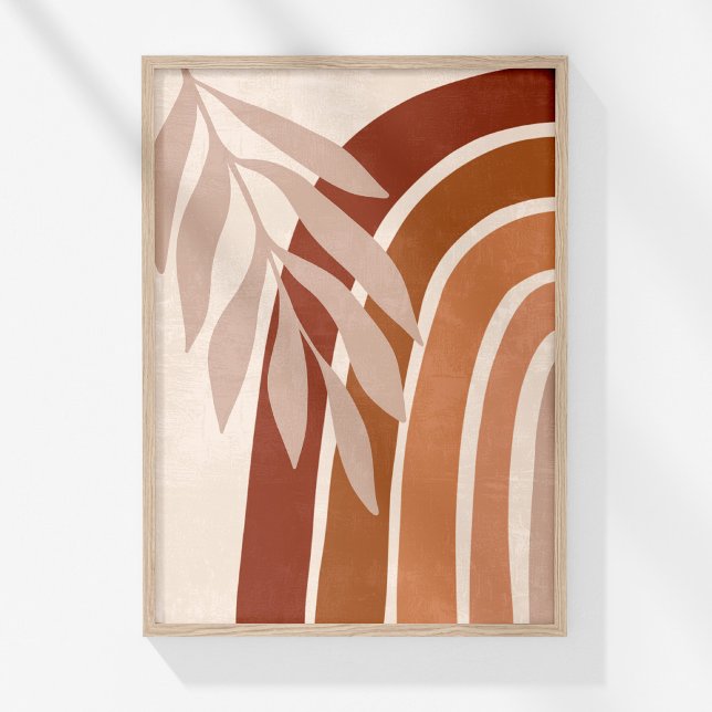 Impressão de Arte de Parede Folha de Palma Boho Te (Boho Muted Neutral Abstract Rainbow and Leaves Art Poster in a wooden frame on a sunny white wall.)
