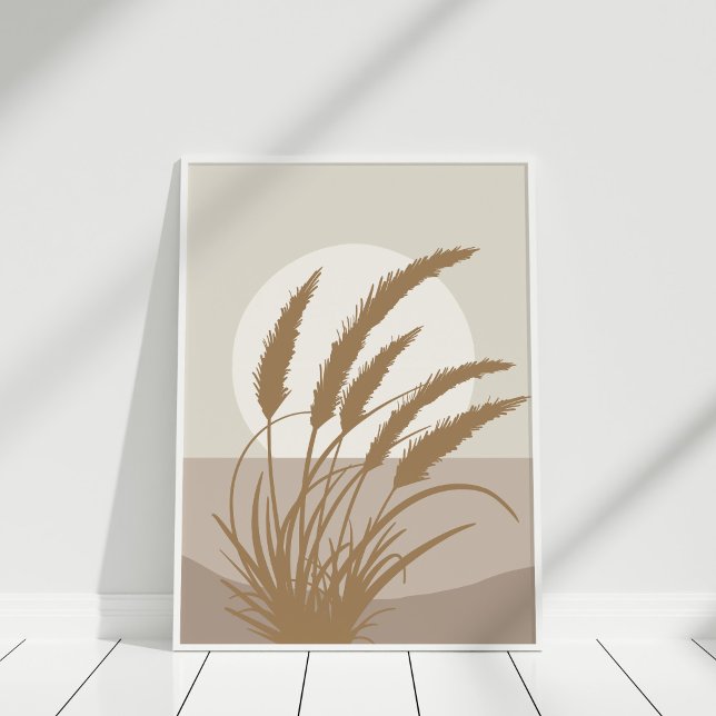 Impressão de Arte de Parede Neutra Lua de Grama Pa (Boho Pampas Grass Full Moon Illustration Poster on a white frame against white wall.)