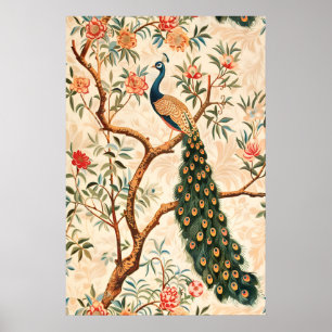 Impressão de Arte de Pavão Elegância Floral, Natur