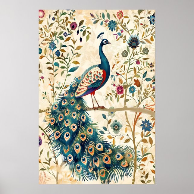 Impressão de Arte de Pavão Indiano Botânica Ave (Frente)