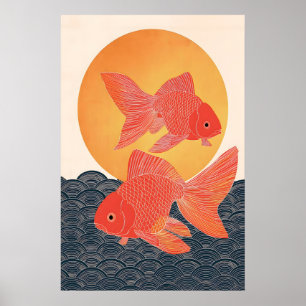 Impressão de Arte de Peixe Dourado Japonês, Peixe