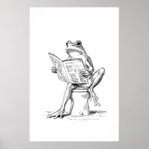 Impressão de Arte de Sapo Lendo Banheiro Preto e B